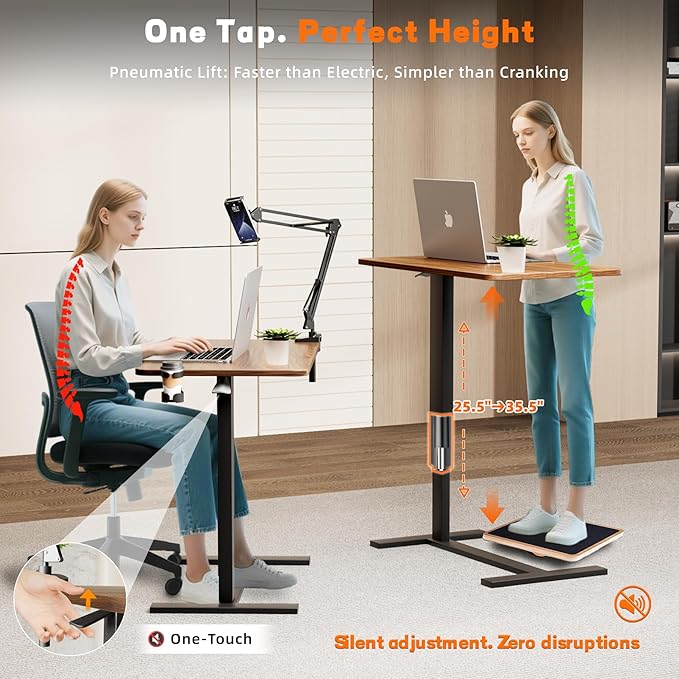 Overbed Bedside Table with Wheels, Adjustable Hospital Bedside Desk, Rolling Laptop Table, Mobile Standing Desk, Laptop with Cup Holder & Phone/Tablet