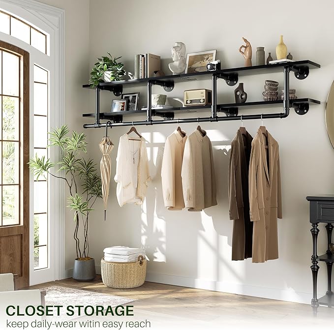 Aheaplus Industrial Pipe Clothes Rack with Top Shelf, 73In Space-Saving Wall Mounted Clothing Rack, 2 Tiers Heavy Duty Pipe Clothing Shelves with Hanging Rod for Laundry Room, Closet Storage, Black