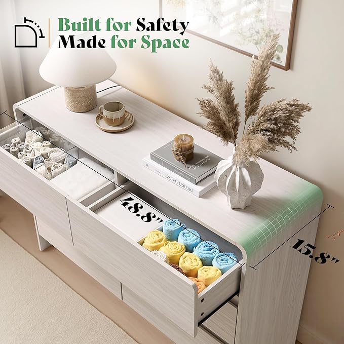 AMERLIFE 7 Drawer Dresser for Bedroom, 49" Wide Modern Chest of Storage Drawers with Rounded Corners, Anti-Tip Kit, Wood Cabinet Organizer for Closet, Living Room, Nursery, Easy Assembly, White
