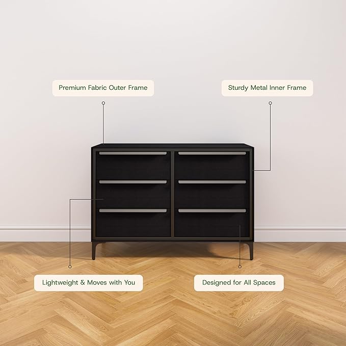 Naima Premium Fabric Dresser - Strong Metal Frame, 6 Spacious Sag-Proof Drawers with Sleek Metal Handles - Premium & Durable Storage Solution for Your Home (Black)