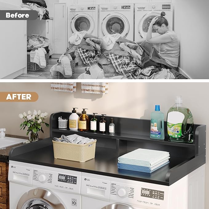 2-Tier Washer Dryer Countertop with 2.75" H Edge Rails, 58" W x 28" D Laundry Countertop for Folding Clothes, Washer and Dryer Topper with Non-Slip Pad (Black)