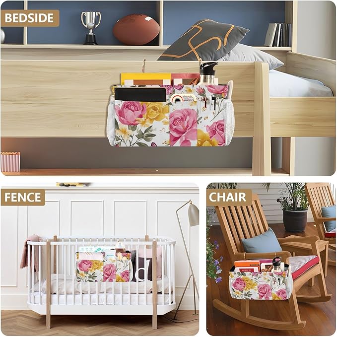 Pink Yellow Roses and Butterflies Bedside Caddy for Dorm Bed Bedside Hanging Caddy Bag Iron Frame Storage Organizer Pocket for Bunk Home College Hospital Beds 2 Hooks