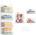 4" Extra Deeper Foldable Hanging Closet Organizer, Small Wire Cabinet Shelves and Storage with 5 S Hooks,4 Tier Metal Basket Bins for Clothes Sweaters Handbags, Wardrobe for Kitchen Laundry Room，White