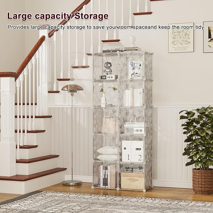 C&AHOME Cube Storage Organizer with Doors, 10-Cube Shelves, DIY Plastic Modular Bookshelf, Closet Clothes Storage Shelving Ideal for Bedroom, Living Room, Clover Embossed, White