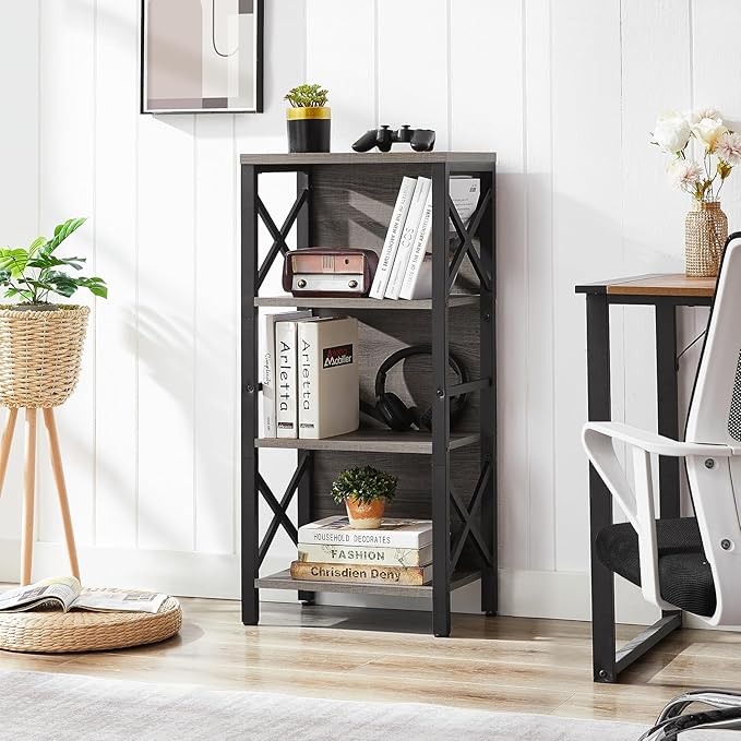 Small Bookshelf,4 Tier Industrial Bookcase with Metal Frame and Backboard,Narrow Rustic Gery Book Shelf,Book case for Small Spaces,Living Room,Bedroom and Home Office