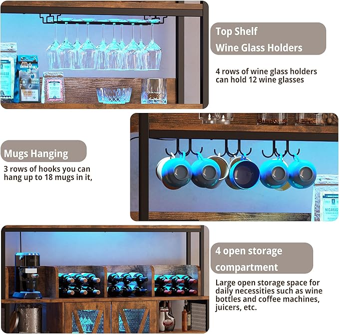 IRONCK Coffee Bar Cabinet with Power Outlet, Industrial Buffet Cabinet with LED Strip and Glass Holder, 3-Tiers Liquor Cabinet Bar for Home, Dining Room, Kitchen, Vintage Brown