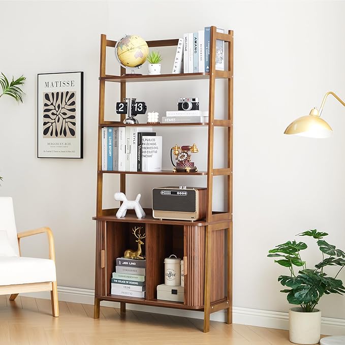 4-Tier Bookshelf, Tall Bookcase with Open Shelf and Sliding Door, 70” Freestanding Storage Organizer Display Cabinet for Living Room, Home Office (Walnut)