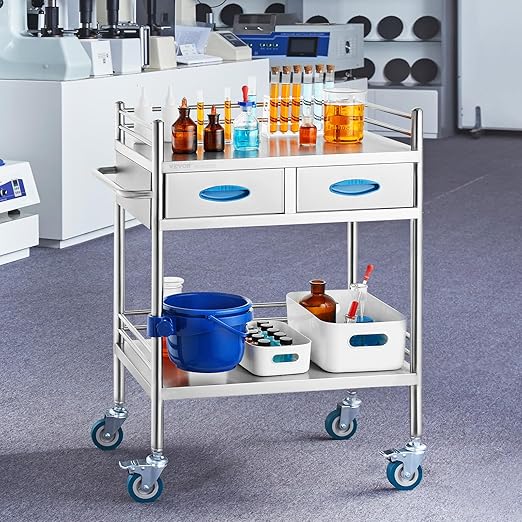 VEVOR Lab Serving Cart Utility Cart Stainless Steel Medical Cart with Two Drawers for lab Equipment Use Grade I Stainless Steel Utility Services (2 Shelves/ 2 Drawer)