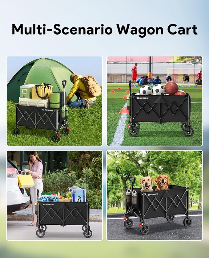 Collapsible Foldable Wagons, 440lbs Capacity Wagons Carts Foldable with All-Terrain Wheels, Heavy Duty Foldable Wagon, Utility Wagon Carts with Brakes for Camping, Sports, Shopping, Grocery, Black