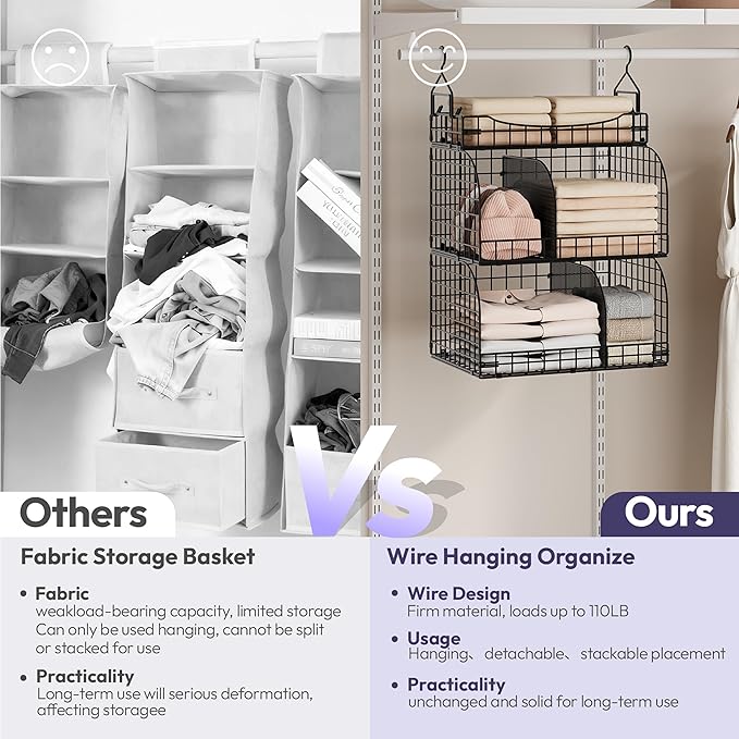 SWTYMIKI Hanging Closet Organizer Storage - 3 Tier Metal Stackable Hanging Closet Shelves with Dividers and S Hooks, Foldable Clothes Shelves for Clothes, Pants, Shoes, Coat, Hats Clutches Accessories