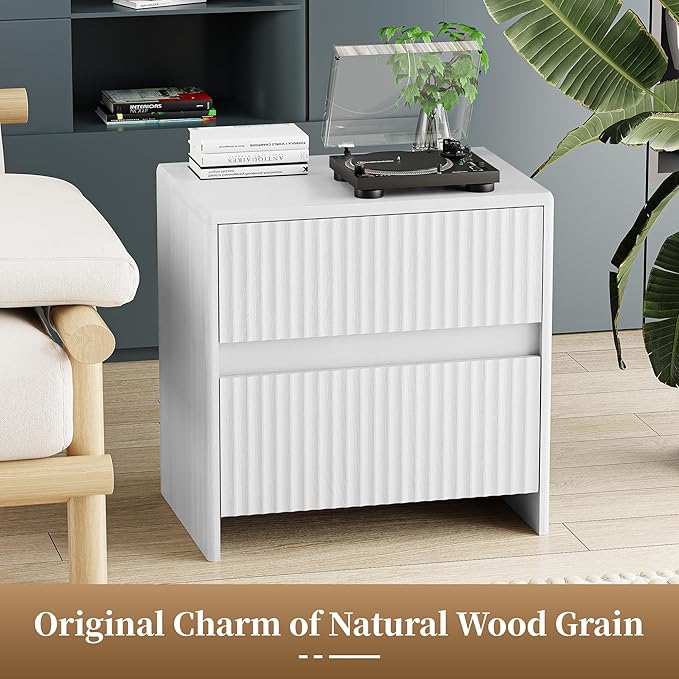 Fluted Nightstand, 23" Wood Bedside Table with 2 Storage Drawers, Modern Night Stand for Bedroom, Office, White