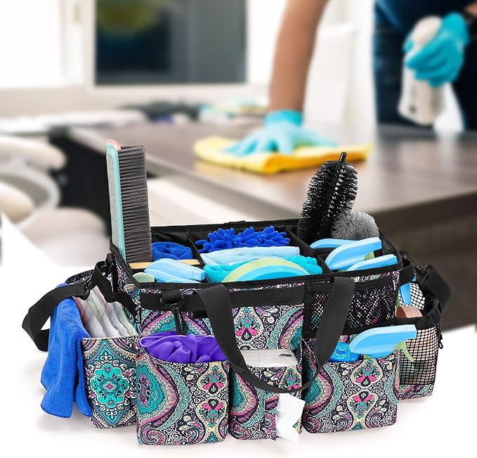 LoDrid Wearable Cleaning Caddy Bag with 4 Foldable Dividers, Cleaning Supply Organizer with Shoulder Strap and Side Handles for Cleaners & Housekeepers, Totem
