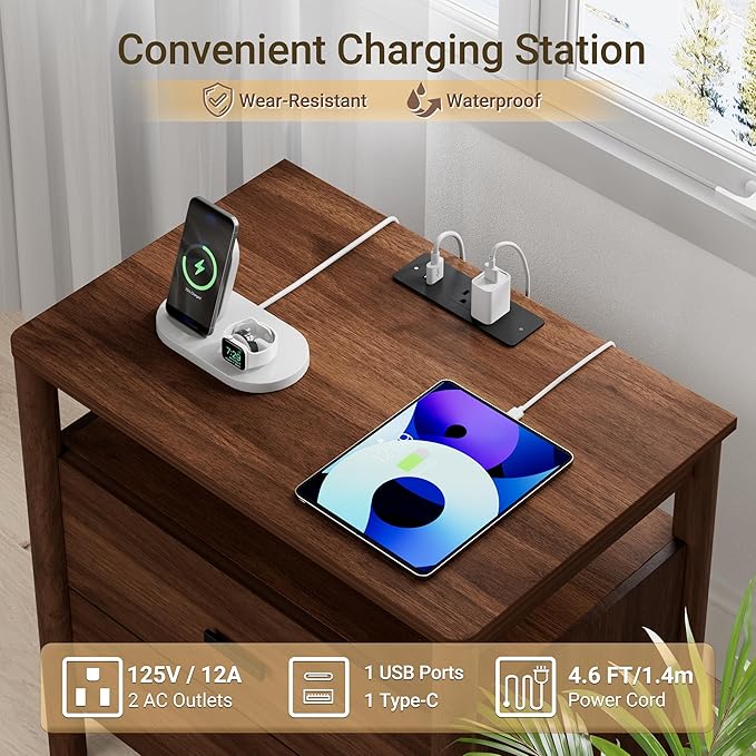 Night Stand with Charging Station, 24" Large Modern Side Table with Solid Round Post Legs, 2 Drawers Nightstand with Open Shelf, End Table/Bedside with Storage for Bedroom, Walnut