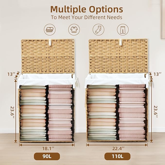 Woven Laundry Basket with Lid, Large Hamper with Removable and Machine-Washable Liner, Foldable Rattan Clothes Hamper, Sturdy Steel Frame, Odor Control, 110L Capacity, Goose Yellow