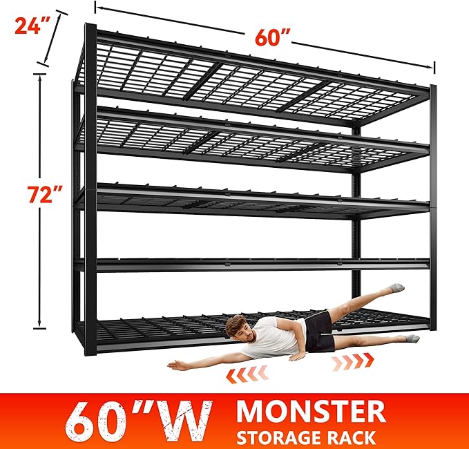 REIBII 60" W Garage Shelving Heavy Duty Metal Shelving 3000LBS Storage Shelves Adjustable Metal Shelves for Storage Industrial 5 Tier Garage Shelves for Warehouse Basement Pantry 60"W x 24"D x 72"H