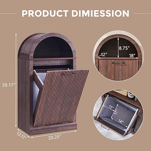 Arched Tilt-Out Trash Can Cabinet, Fluted 10 Gallon Trash Can Cabinet Set of 2, Modern Laundry Hamper, Hidden Garbage with Storage Basket for Kitchen, Living Room, Brown