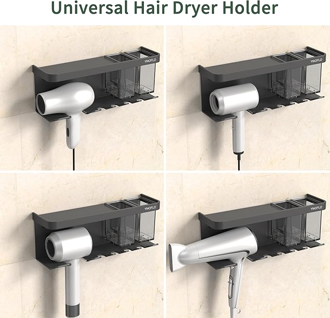 Hair Dryer Holder Wall Mounted Adhesive/Drilling, Hair Dryer Storage Organizer with Shelf & Hooks for Bathroom, Blow Dryer Holder, Hair Tool Organizer (Grey)