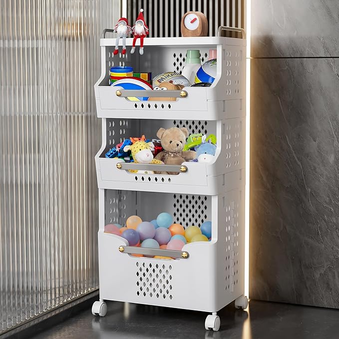 Laundry Basket with Wheels,Rolling Folding Laundry Hamper,Utility cart,Kitchen Storage Cart,Stackable Storage Bins Open Front,Dirty Clothes Hamper,Plastic Laundry Room Organization