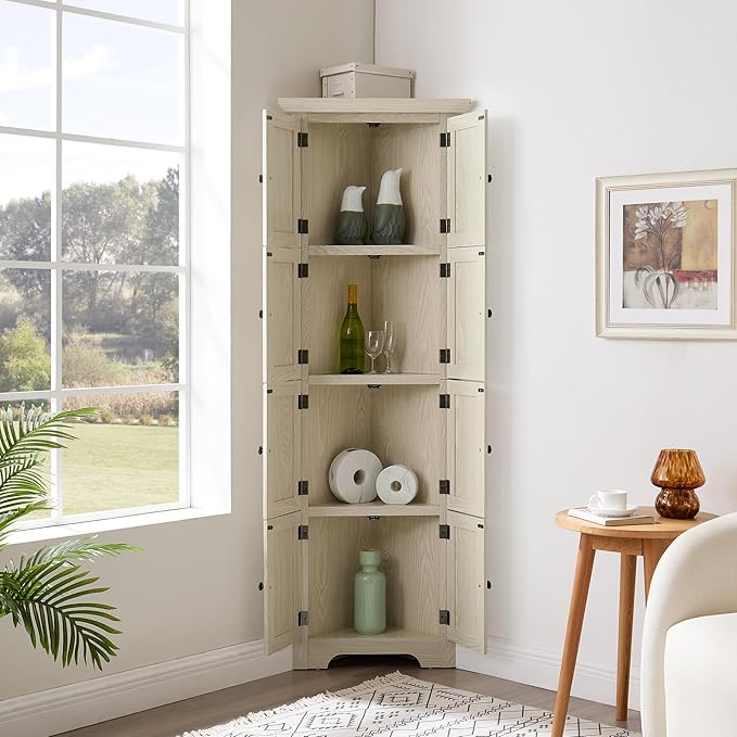 72" H Farmhouse Corner Storage Cabinet with 8 Doors & 4 Shelves, 4 Tier Kitchen Corner Pantry Cabinet Wooden Organizer Case Bookshelf, Home Space Saver Cabinet for Kitchen,Living Room(White)