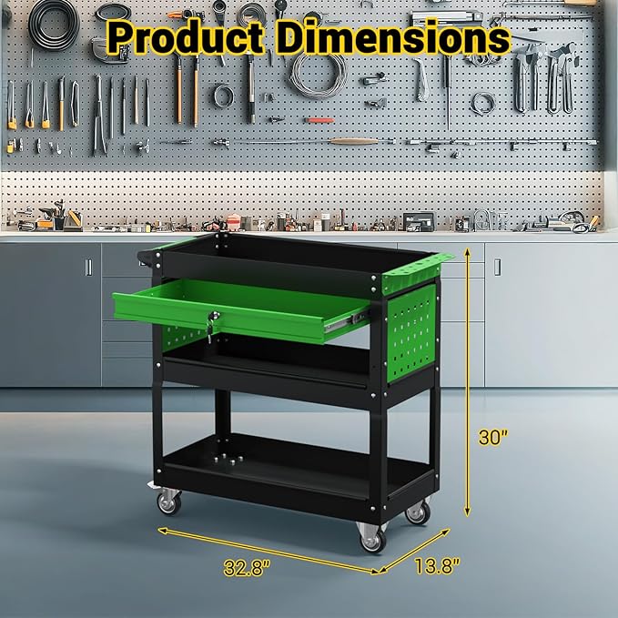 3 Tier Rolling Tool Cart on Wheels, 550 LBS Tool Cart with Drawers，Heavy Duty Utility Cart with Pegboard and Hooks，Mechanic Tool Storage Cart for Garage, Warehouse (Black-Green)