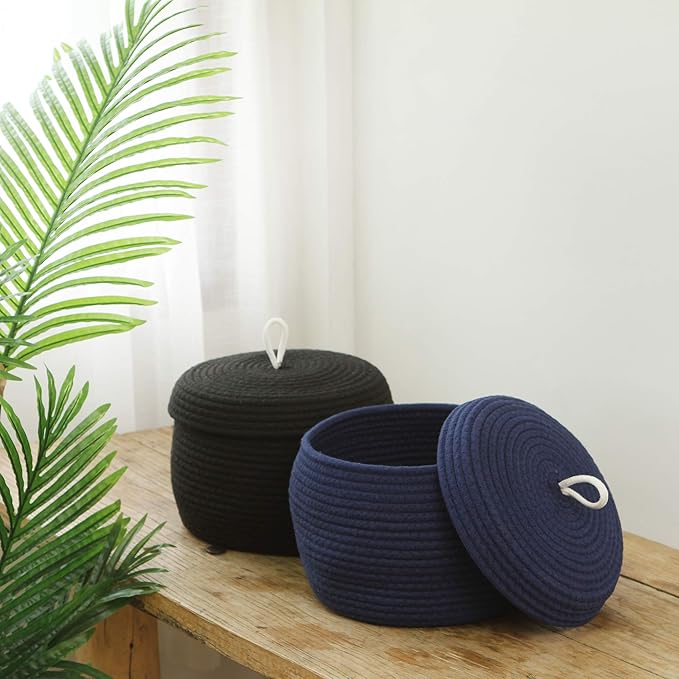Sea Team Round Cotton Rope Storage Basket with Lid, Decorative Woven Storage Bin, Pot, Caddy, Organizer, Container for Snacks, Towels, Plants (Dark Blue, Small/2-Pack)