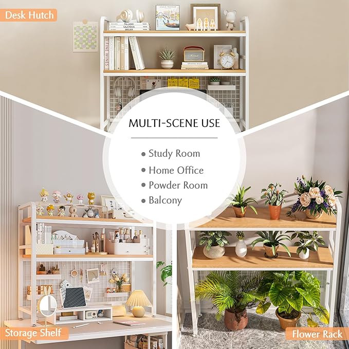 IOTXY 2-Tier Desktop Hutch Bookshelf - Metal Desk Shelf Bookcase with Grid Panel, Countertop Storage Organizer Rack for Dorm or Office, Black, 45.3" W