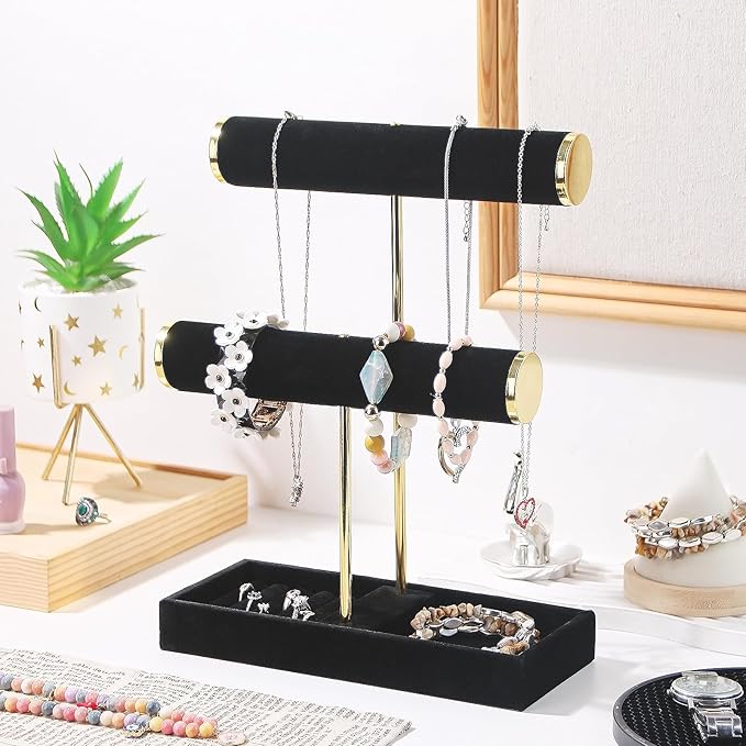 Bracelet Holder, 2-Tier Bracelet Display Stand for Vendors, T-Bar Necklace Scrunchie Storage Rack, Bangle Watch Jewelry Display Tower(Black，2 Tier)