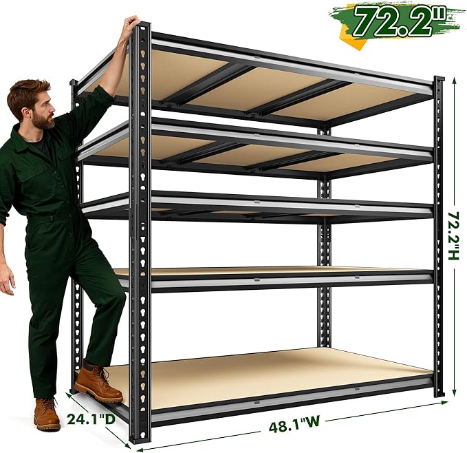 2800 LBS Garage Shelving 72.2" H Garage Storage Shelves, 5 Tier Adjustable Shelving Unit, Storage Shelves for Storage, Basement, Warehouse, Pantry, Kitchen, 48.1" W x 24.1" D x 72.2" H, Black