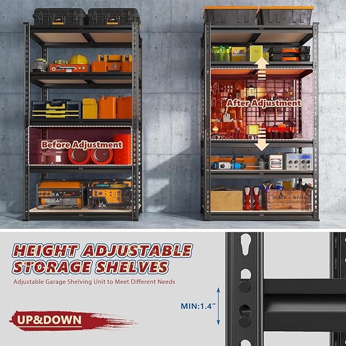 REIBII Storage Shelves 1600LBS Garage Shelving Heavy Duty Metal Shelving 5 Tier Garage Shelves Adjustable Metal Shelf for Kitchen Basement Pantry Warehouse 28.2" W x 11.8" D x 59.9" H
