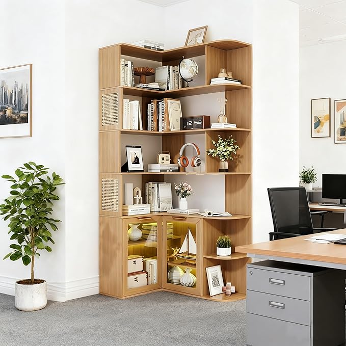 Corner Shelf with Storage Cabinet,7-Tier Corner Bookshelf,Farmhouse L Shaped Shelves Etagere Bookcase, Large L Shaped Bookshelf with Vine Woven Open Storage Cabinet for Home Office