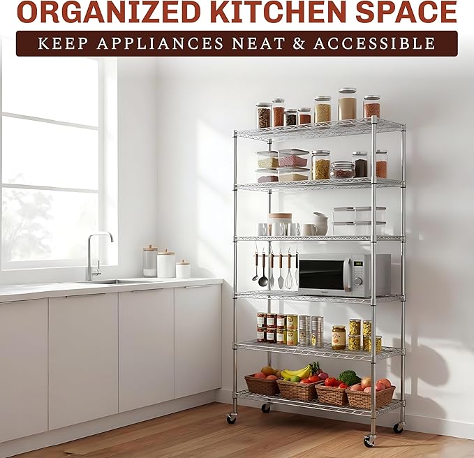 5-Tier NSF-Certified Steel Storage Shelves Rack - Garage Shelving Heavy Duty Metal Shelves for Storage - Adjustable Wire Shelving Unit w/ Wheels Shelf Commercial Shelving for Garage, Kitchen & Office