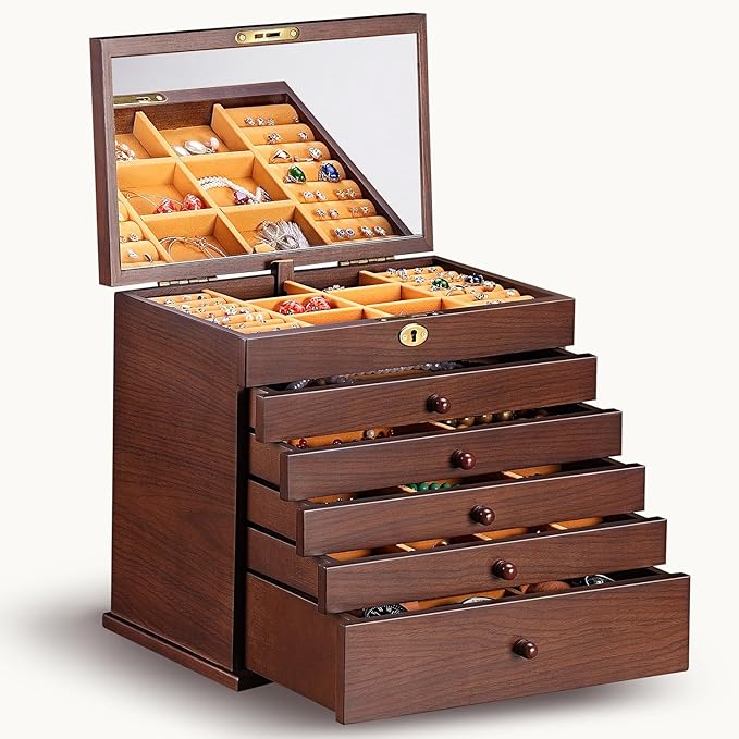 Vintage Rustic Wooden Jewelry Organizer boxes with 5 Drawers & Lock | Large Storage Box for Necklaces, Rings, Earrings | Handcrafted Gift for Women