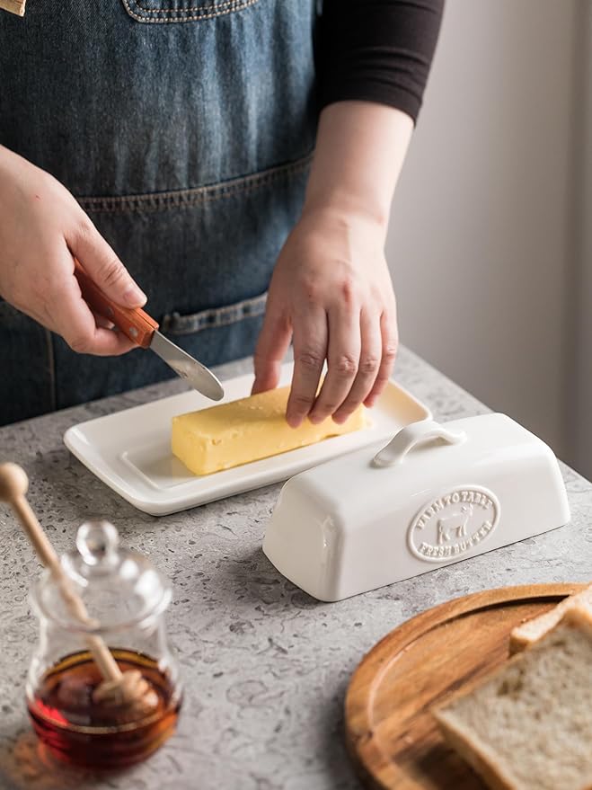 Cow Butter Dish, Ceramic Butter Dish with Lid for Countertop, White Butter Tray with Handle, Farmhouse Covered Butter Holder Container for East West Coast Butter Storage