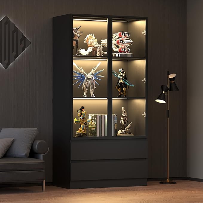 63'' Tall Glass Display Cabinet with LED Lights & 2 Drawers,Showcase with Glass Doors,4-Tier Curio Cabinet for Collectibles Bookcase,Storage Shelf, Bookcase(Black- 2 Drawers)
