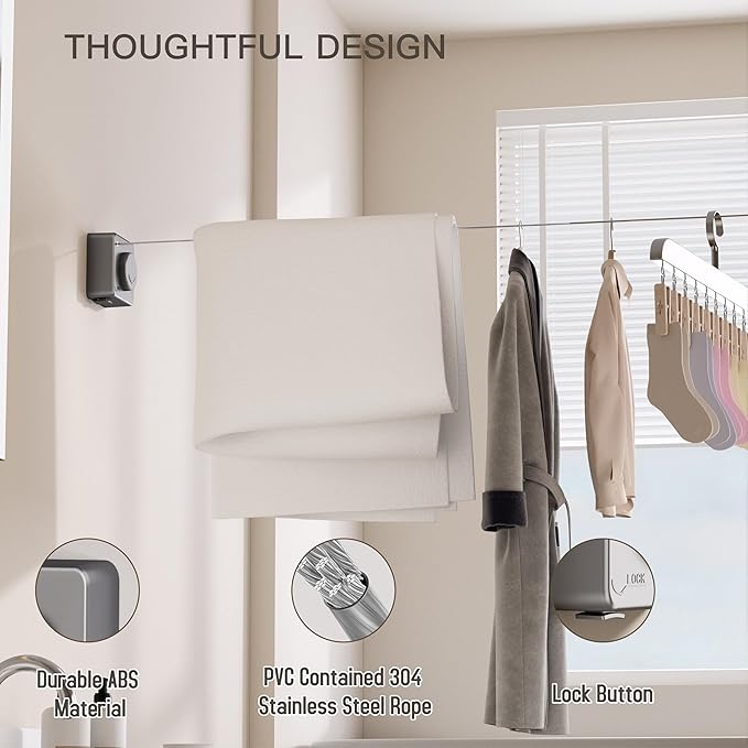 Retractable Clothesline Indoor Outdoor, Clothes Line Retracting Indoor, Retractable Clothes Line Wall Mounted Drying Rack Clothing Line, Laundry Line with Stainless Steel Line-15.1 Feets(Grey)