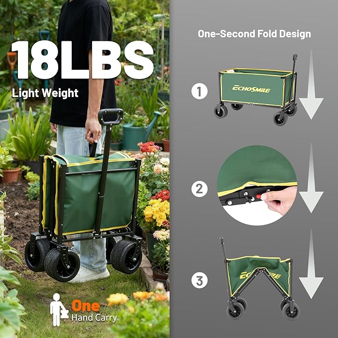 EchoSmile Collapsible Wagon Cart for Camping & Beach - Heavy Duty 400lbs Capacity All-Terrain Cart with Wide Wheels, Portable Folding Utility Wagon for Grocery, Garden, Sports,Green&Yellow