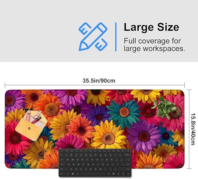 Colorful Floral Mouse Pad – Large Extended Desk Mat 35.43 x 15.75 in – Bright Rainbow Sunflower Design, Non-Slip Rubber Base, Waterproof Surface, Oversized Keyboard & Mouse Pad for Office or Gaming