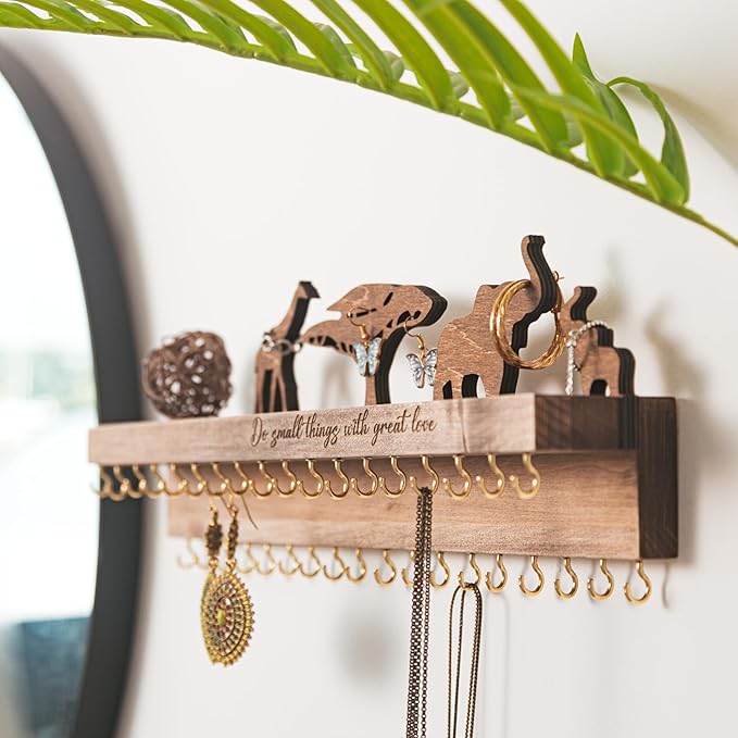 Wooden Jewelry Organizer for Women, Wall Mounted Necklace & Earring Holder with Decor, Personalized Gift Idea for Girlfriend, Anniversary, or Vanity Storage