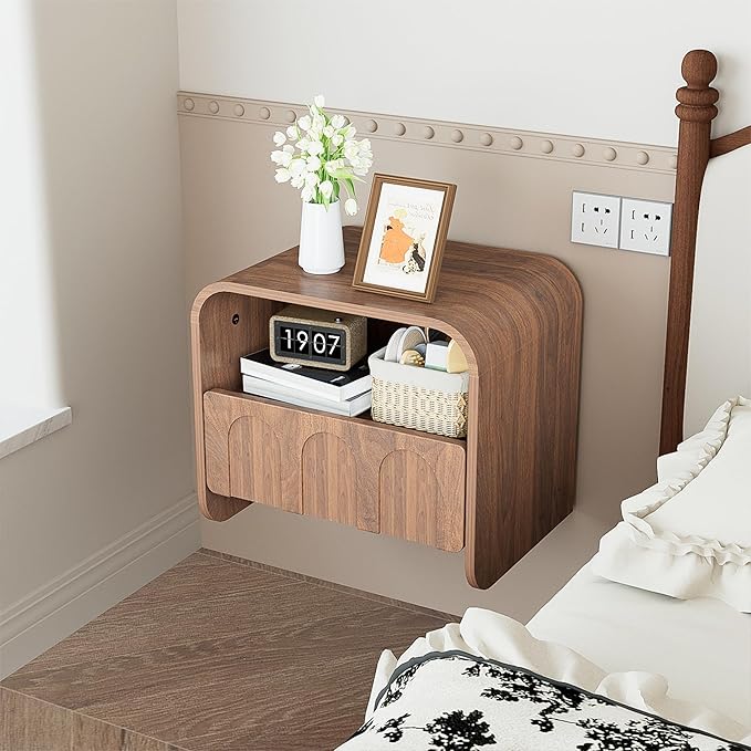 Floating Nightstand Set of 2, Small Night Stand with Drawer and Open Storage Shelf, Modern Wall Mounted Bedside Table, Farmhouse Wooden Nightstands for Bedroom, Living Room