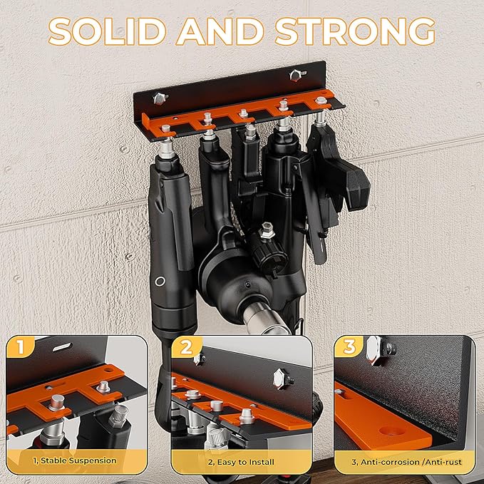 Air Tool Holder, Air Tool Rack for Garage Walls and Tool Cart Storage Organizer，Wall Mounted Lockable Pneumatic Tool Hanger for Air Compressor Tools, Pneumatic Nail Gun, Black-5 Slots