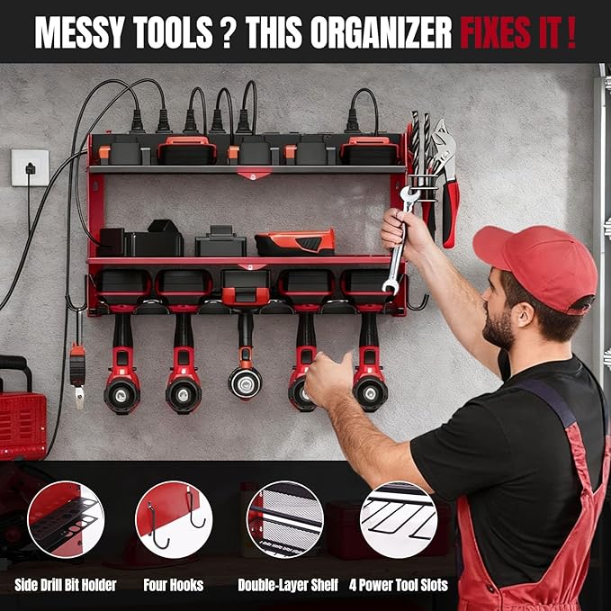 Modular Power Tool Organizer Wall Mount with Charging Station, 4-Layer Heavy Duty Drill Holder Rack & 8-Outlet Power Strip for Garage Workshop Storage