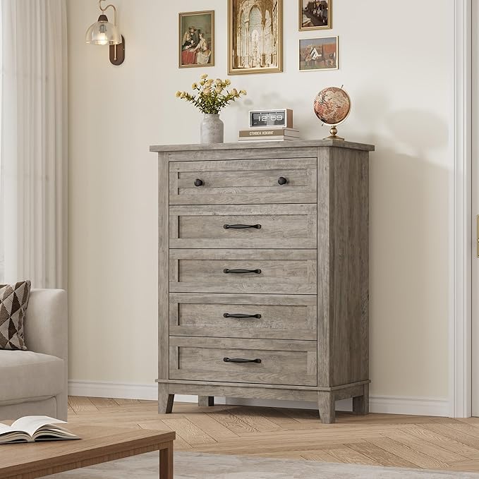 GarveeHome 5 Dresser for Bedroom, 41.3 in Tall Vertical Drawer Dresser with Large Storage, Freestanding Wooden Closet Chest for Bedroom, Living Room, Ash Grey