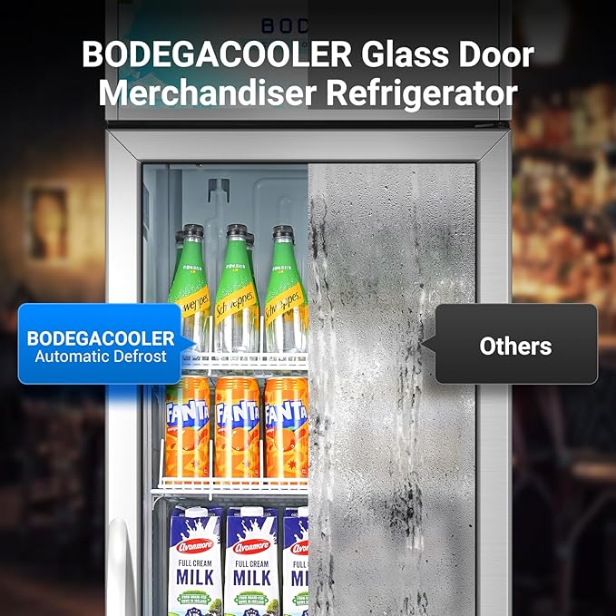 BODEGACOOLER Commercial Merchandiser Refrigerator, 12.5 Cu.Ft Glass Door Display Refrigerator, Upright Beverage Cooler with Soft LED Light, Adjustable Shelves, 4 Strong Castors(Stainless Steel)