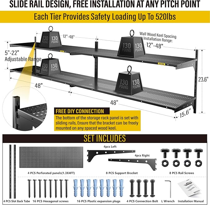 2-Pack 2 Tier 1.3x4ft Garage Shelving Wall Mounted, 520lbs Load Capacity，15.6x48inch per Shelf Height Cassette Adjustable Floating Shelves, Black