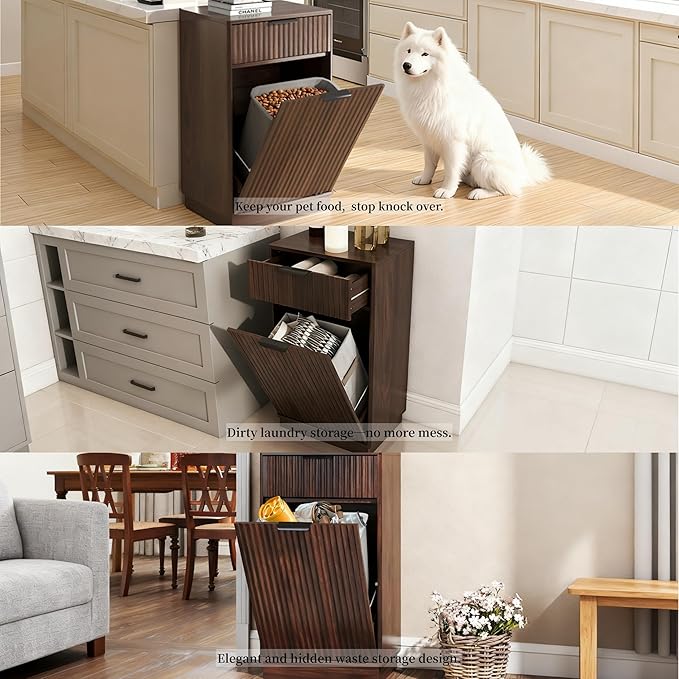 Tilt-Out Trash Cabinet with 10-Gallon Capacity, Walnut Laundry Hamper Cabinet, 34.3 x 19 x 13.8 inches, Wave-Textured Front.