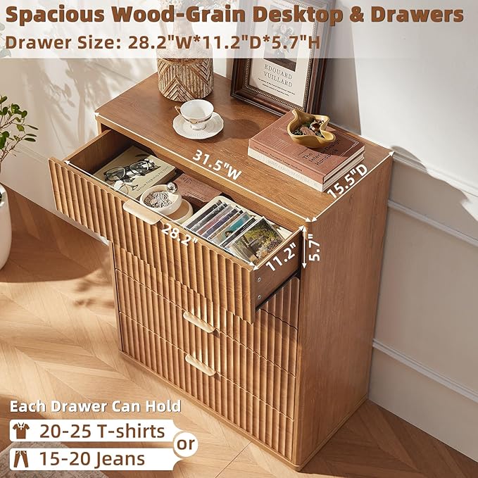 LEYAOYAO Fluted 5 Drawers Dresser for Bedroom, 41" Tall Modern Chest of Drawers with Metal Handle, Curved Profile Design,Brown Wood Drawer Organizer for Bedroom, Living Room, Hallway, Entryway