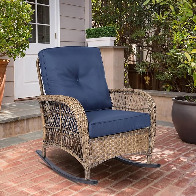 VIVIJASON Outdoor Wicker Rocking Chair, Patio Rattan Rocker Chair with Cushions & Steel Frame, All-Weather Rocking Lawn Wicker Furniture for Garden Backyard Porch (Navy Blue)