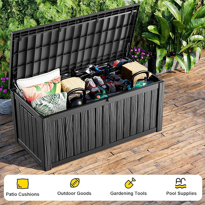 150 Gallon Waterproof Outdoor Storage Box, UV Resistant Resin Deck Box with Hydraulic Rod for Reinforced Stability, Perfect for Patio, Garden, and Pool, Striped Black