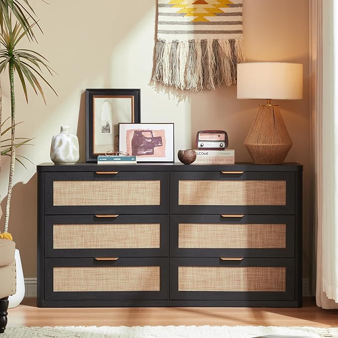 LEYAOYAO Rattan 6 Drawer Dresser for Bedroom, Boho 54" Wide Black Dresser Chest of Drawers, Dressers TV Stand with Metal Handle, Storage Dressers Closet Organizer for Living Room, Hallway