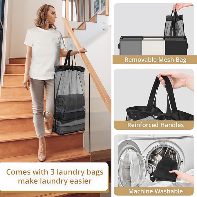 180L Laundry Hamper 3 Section, Large Laundry Basket with Lid, Laundry Basket Organizer with Handles, Divided Laundry Baskets, Clothes Hampers for Laundry, Bedroom, Bathroom
